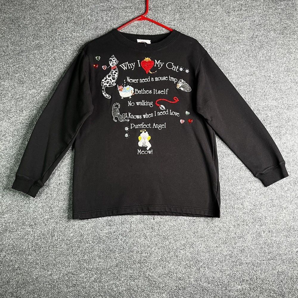 Quacker Factory Cat Sweatshirt Women‎ S/M Why I Love My Cats Embroidered Black